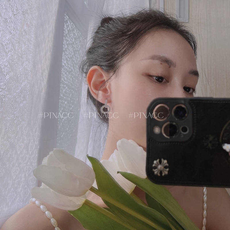 Bông tai, khuyên tai xi bạc 925 phủ nano đính đá cao cấp kiểu dáng hàn quốc .PTNACC.