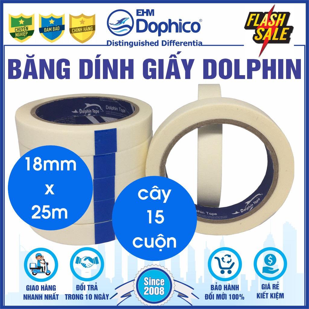 Băng dính giấy Dolphin (18mm*25Y) dán viết ghi chú, kẻ chỉ sơn tường, cố định tranh vẽ, chặn màu nước