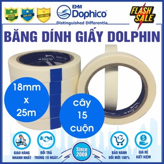 [1 cây 15 cuộn] Băng dính giấy Dolphin (18mm*25Y) dán viết ghi chú, kẻ chỉ sơn tường, cố định tranh vẽ, chặn màu nước