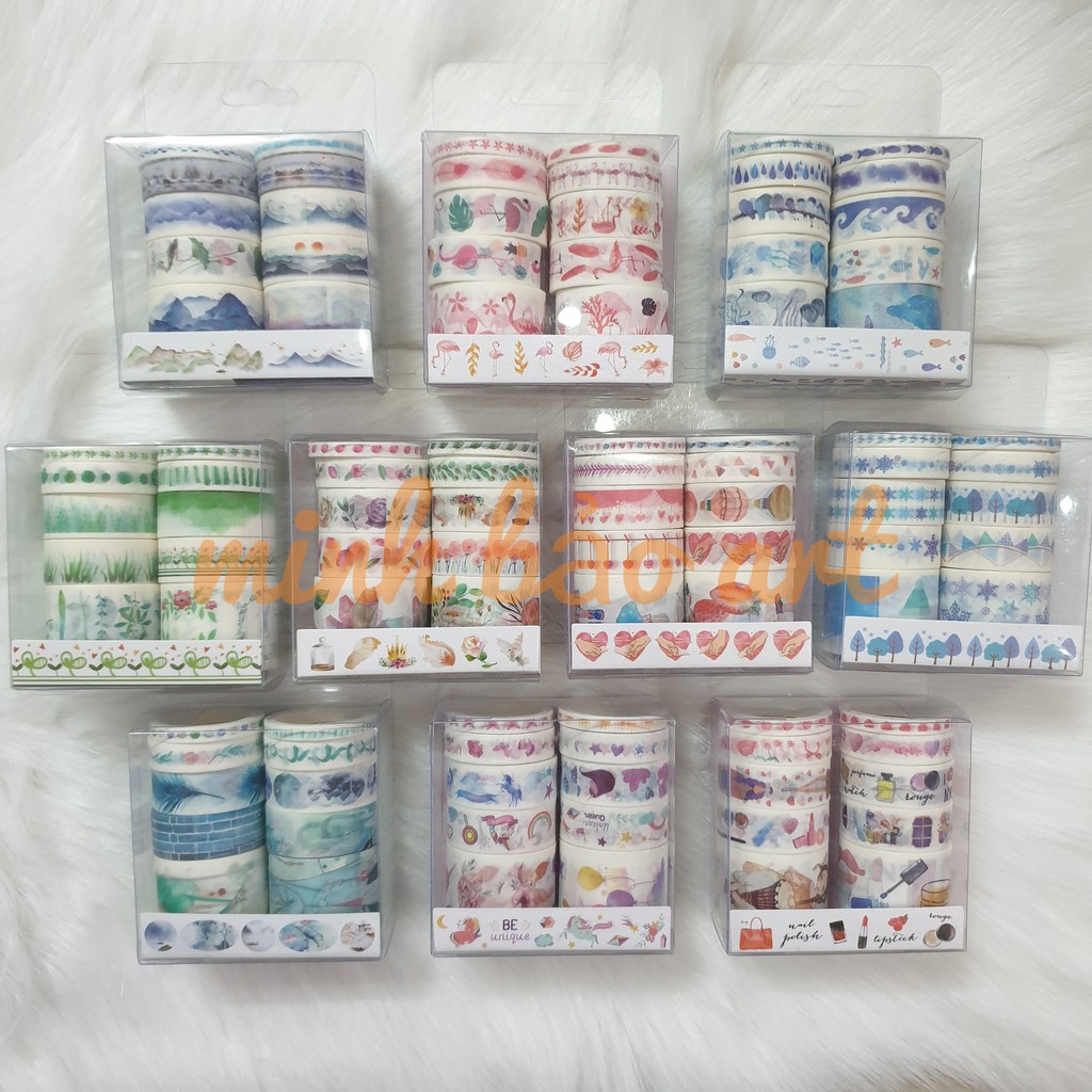 BỘ 10 CUỘN BĂNG KEO TRANG TRÍ WASHI TAPE NHIỀU SIZE