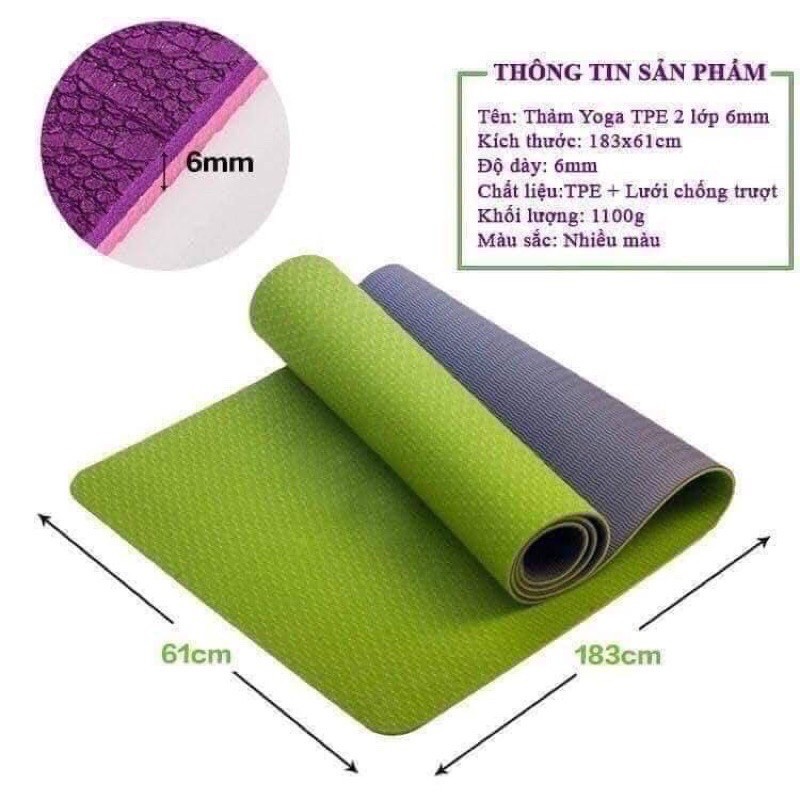 Thảm tập Yoga 2 lớp TPE dày 6mm, thảm tập Gym chống trơn trượt và không thấm mồ hôi