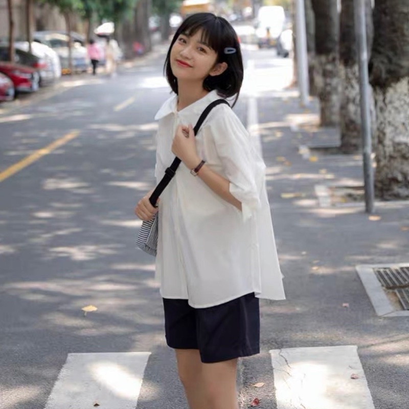 Áo Babydoll Cổ Sen Dáng Rộng Dễ Thương- Sơ Mi Cổ Tròn 2 Màu Ulzzang Hot