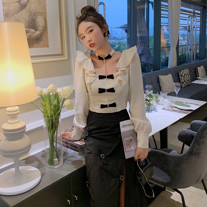 Set áo sơ mi thắt nơ/ chân váy dài lưng cao thiết kế mới phong cách Hàn Quốc thời trang mùa xuân cho nữ 2021