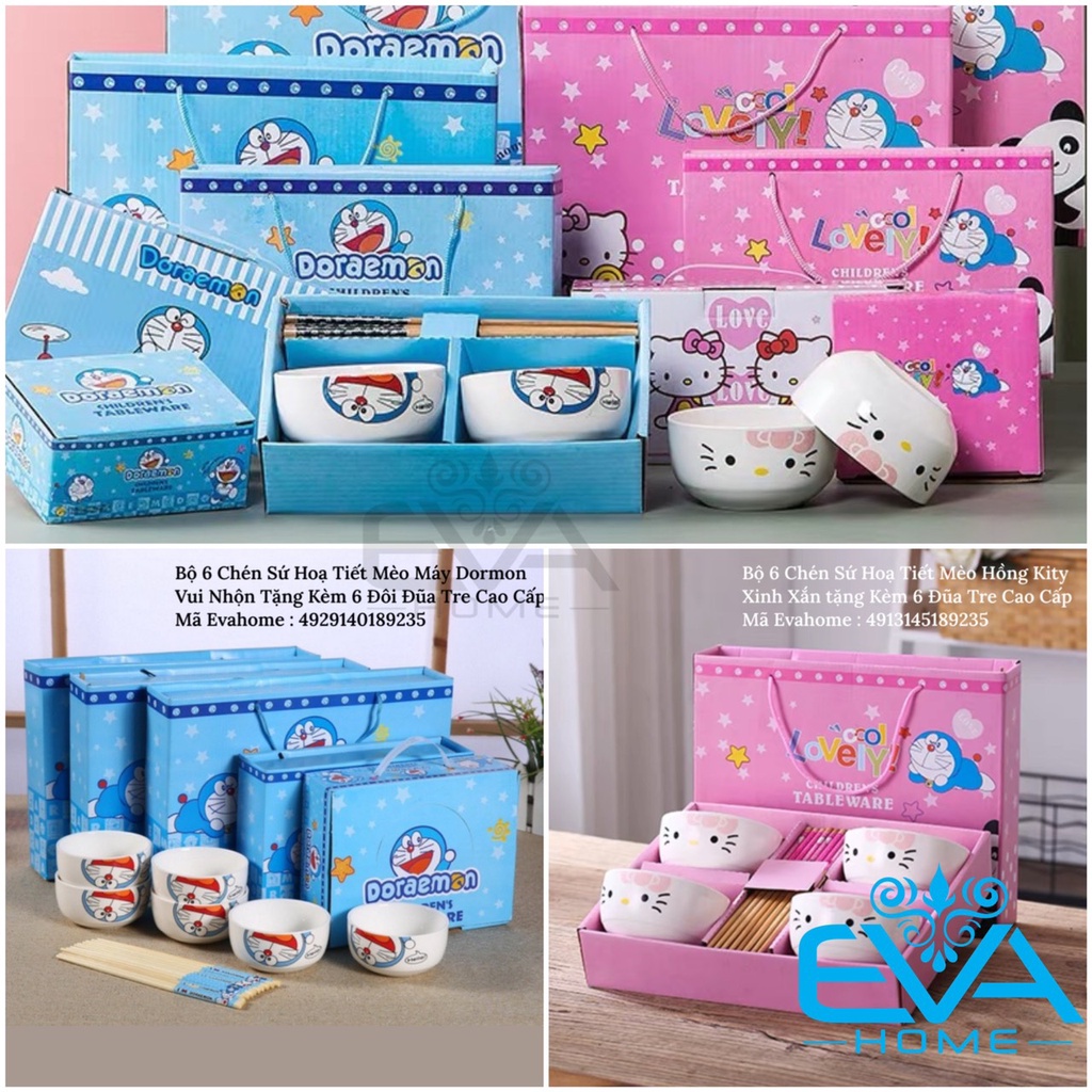 Bộ 6 Chén Sứ Hoạ Tiết Hoạt Hình Phong Cách Nhật Tặng Kèm 6 Đũa Hoa Cao Cấp