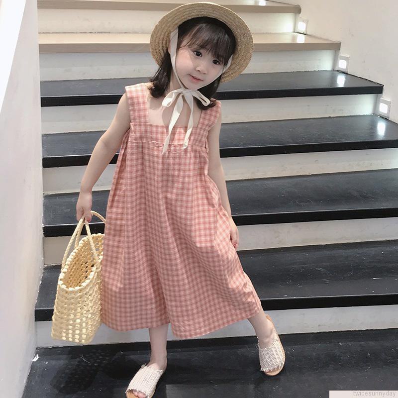 Bộ áo liền quần mùa hè in họa tiết caro phong cách Hàn Quốc dễ thương cho bé gái