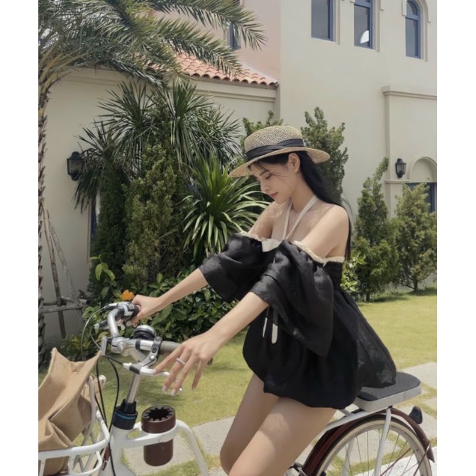 Set áo nữ bẹt vai nơ hồng cột cổ phối quần đen ngắn đi chơi đi du lịch diện thoải mái