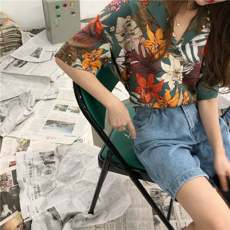 Áo chiffon nữ SUXI tay ngắn in hoa phong cách cổ điển