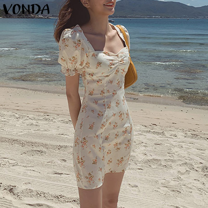 VONDA Women Korean Casual Square Neck Short Sleeve Floral Sexy Short Dress | BigBuy360 - bigbuy360.vn