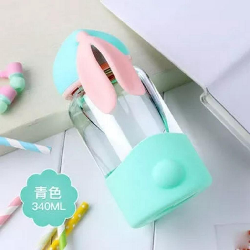 Bình Nước Thủy Tinh Tai Thỏ Siêu Đáng Yêu 340ml