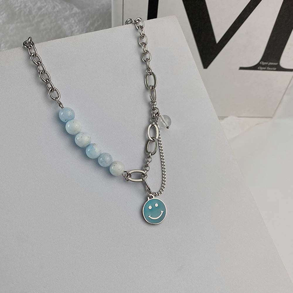 Vòng cổ choker mặt tròn hình mặt cười màu xanh dương phong cách Hàn Quốc thanh lịch cho nữ