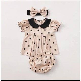 Set bộ cổ sen chấm bi kèm băng đô cho bé gái