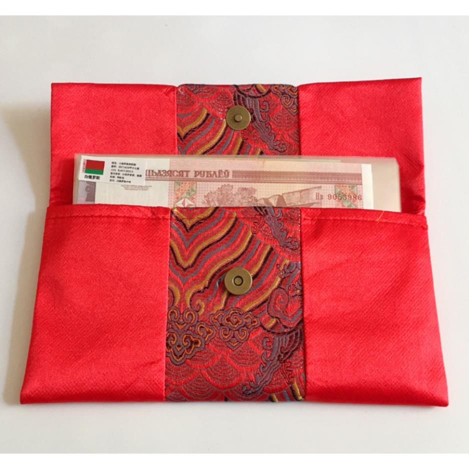 Bao Lì Xì Vải Gấm Cao Cấp hoa văn Rồng Phụng độc đáo cùng vải thổ cẩm đính kèm ngọc bội 4 mẫu