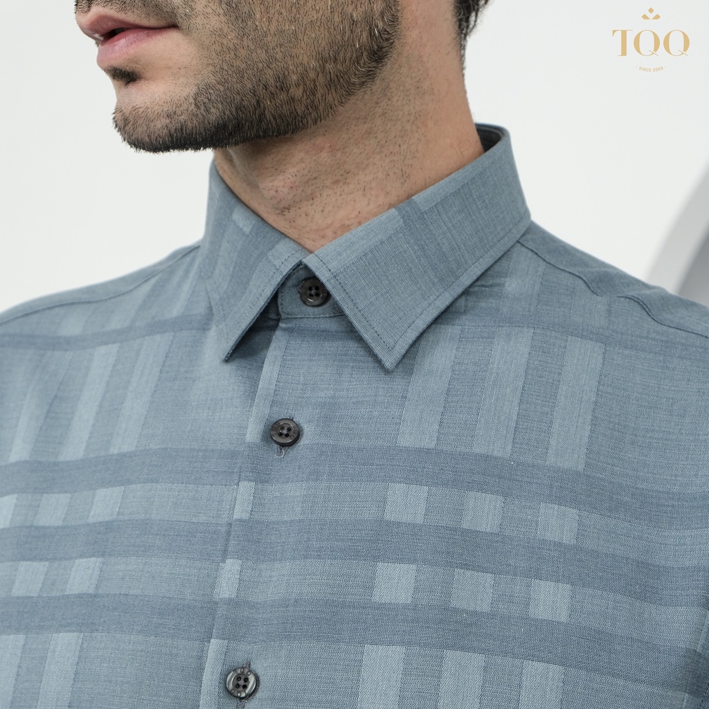Áo sơ mi nam dài tay TQQ dáng Slimfit công sở chất liệu Cotton cao cấp có co dãn K414CS-CSB màu xanh rêu dệt kẻ chìm