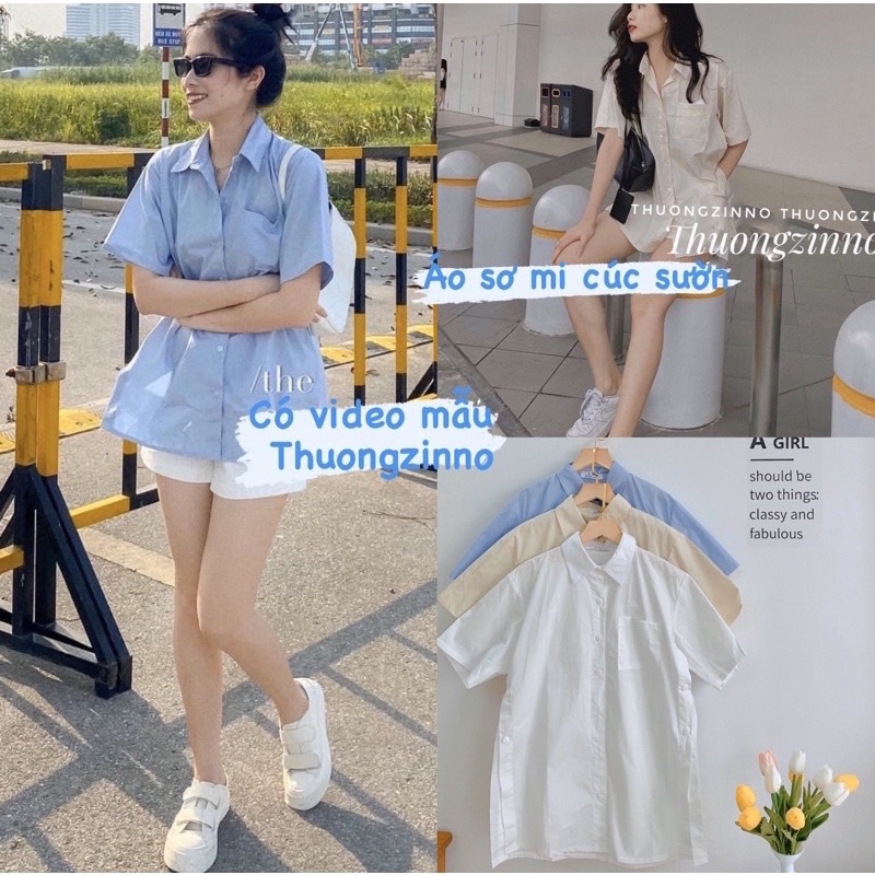 [Ảnh thật/Video]Áo Sơ Mi Ngắn Tay Xẻ Tà