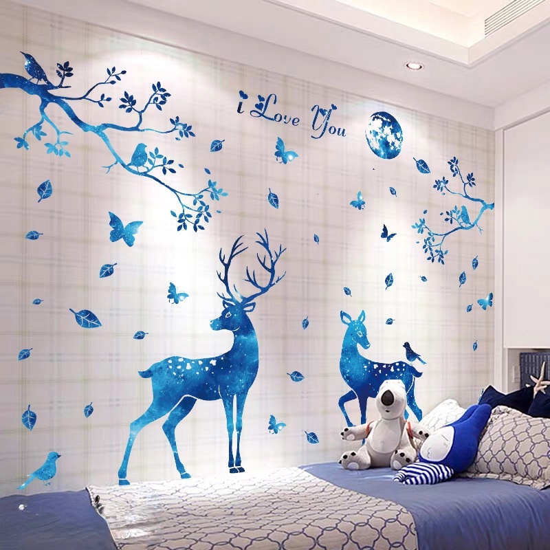 Miếng Dán Tĩnh Điện Hình Nai Màu Xanh Dương Trang Trí Cửa Kính Phòng Khách / Ngủ
