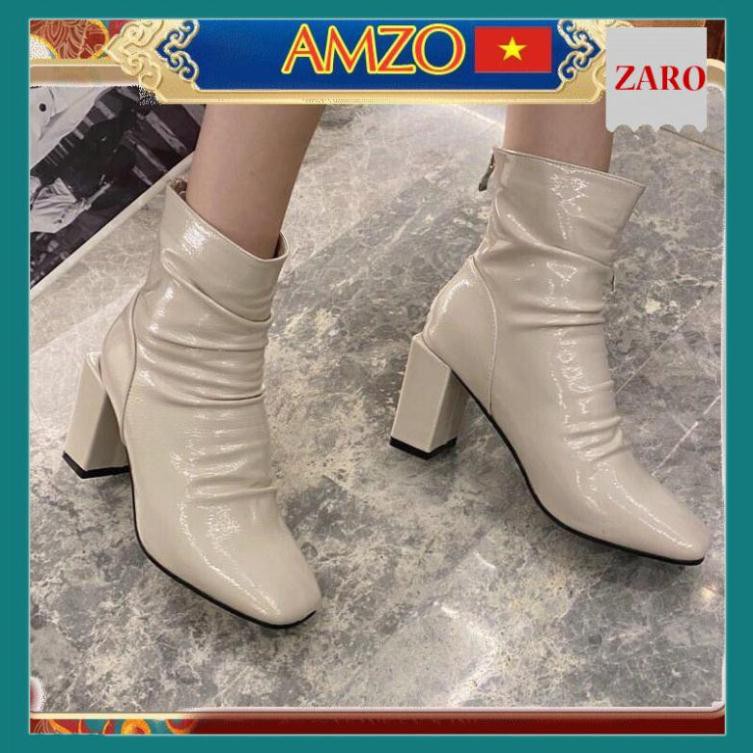 Giày Boot Nữ/ Giày Boot Cổ Thấp 7Cm Da Nhăn Bóng Hai Màu Đen Kem Trắng Cực Sang Chảnh Đế Vuông Mũi V