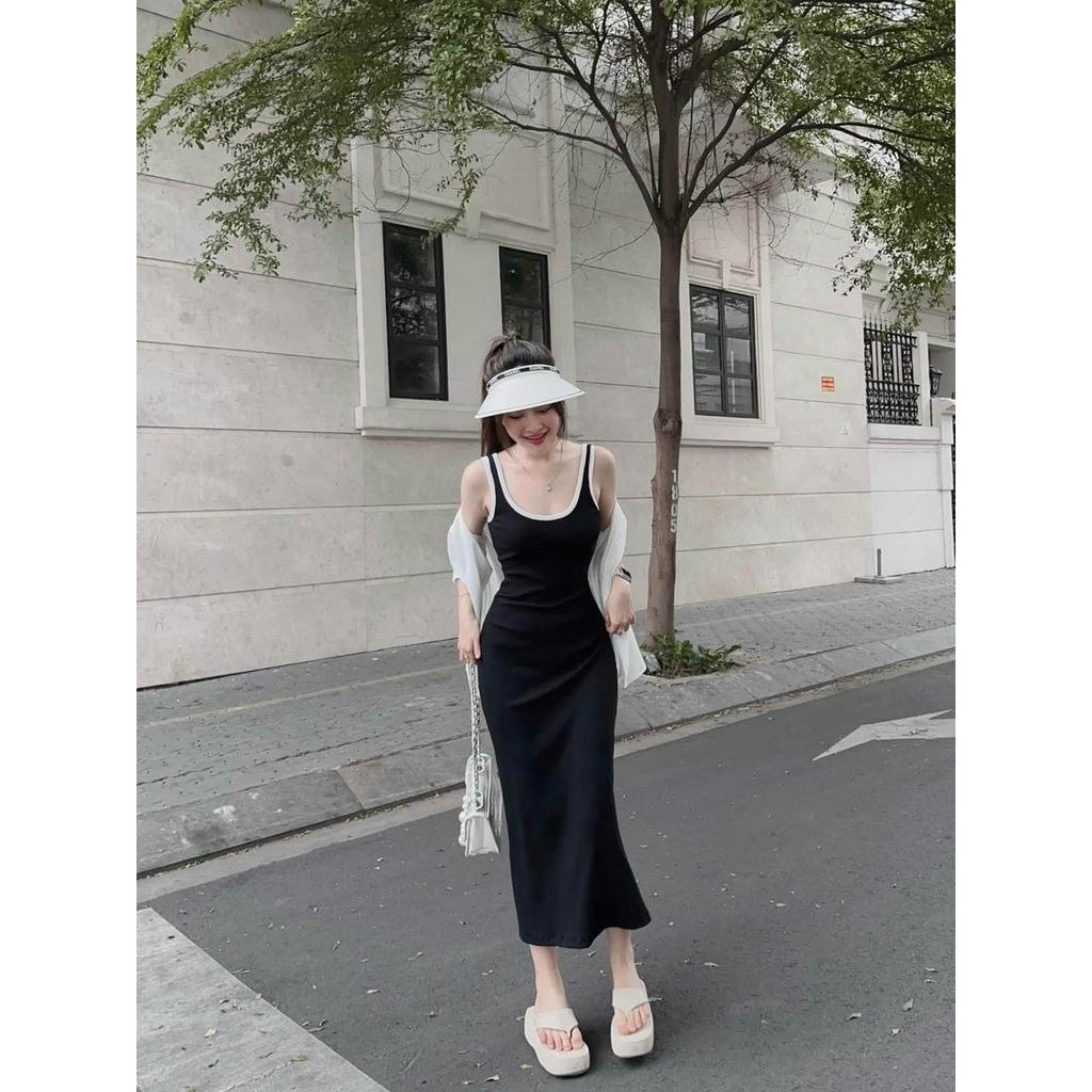 Đầm Hai Dây Dáng Dài Phối Viền Trắng Basic Kèm Aó Khoác Đũi CC0052