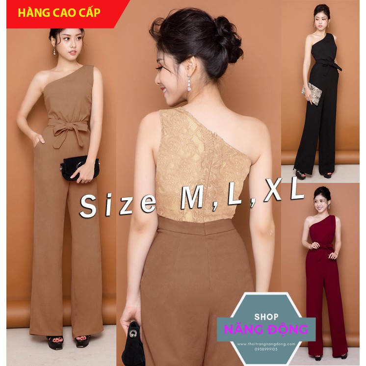 Jumpsuit 💕FREESHIP💕 Jumpsuit dài ống suông lệch vai phối ren lưng thắt nơ xinh xắn TJ928