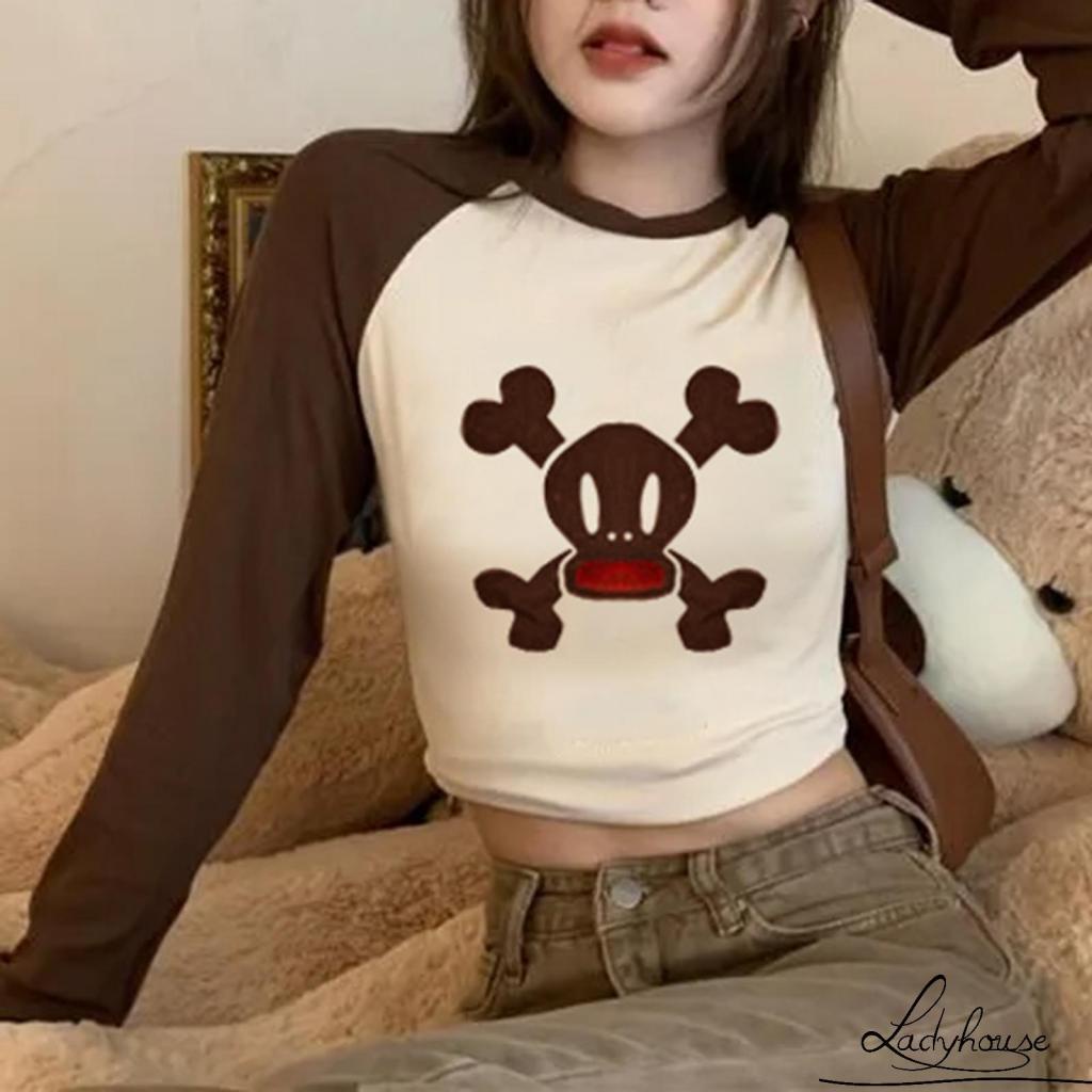 Áo Thun Crop Top Tay Dài Cổ Tròn In Họa Tiết Ngôi Sao Lấp Lánh Thời Trang Mùa Hè Cho Nữ