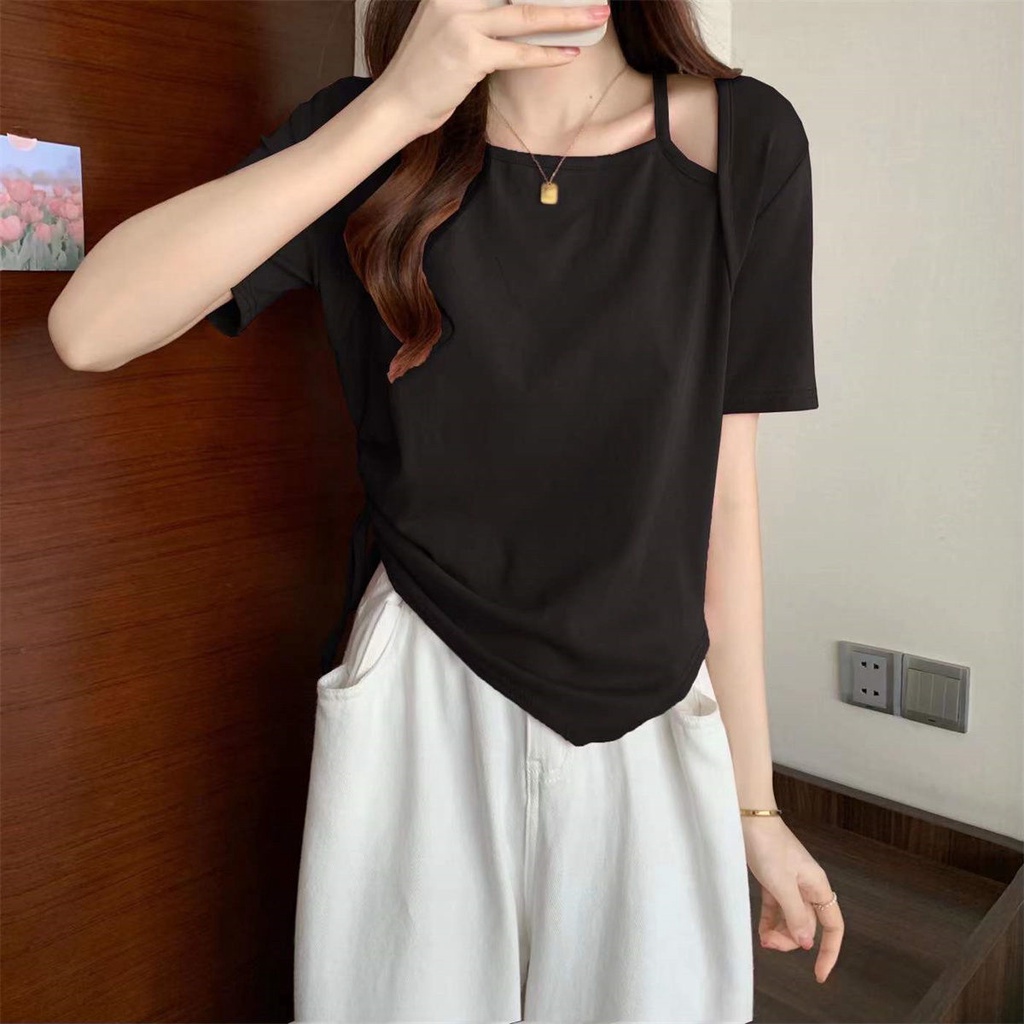 Áo thun tay ngắn giả hai lớp phối dây rút thời trang dành cho nữ JL-TX-117