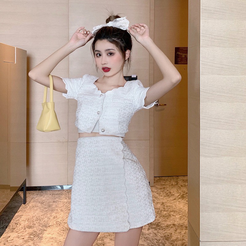 JANE Set áo croptop + chân váy cạp cap nút trân châu trắng CHẤT VẢI ĐẸP HÀNG QUẢNG CHÂU R91