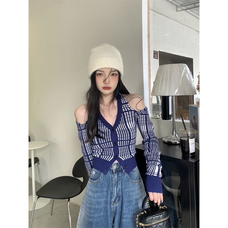 Porozi  Áo dệt kim tay dài cổ chữ V trễ vai phong cách thời trang Hàn Quốc dành cho nữ