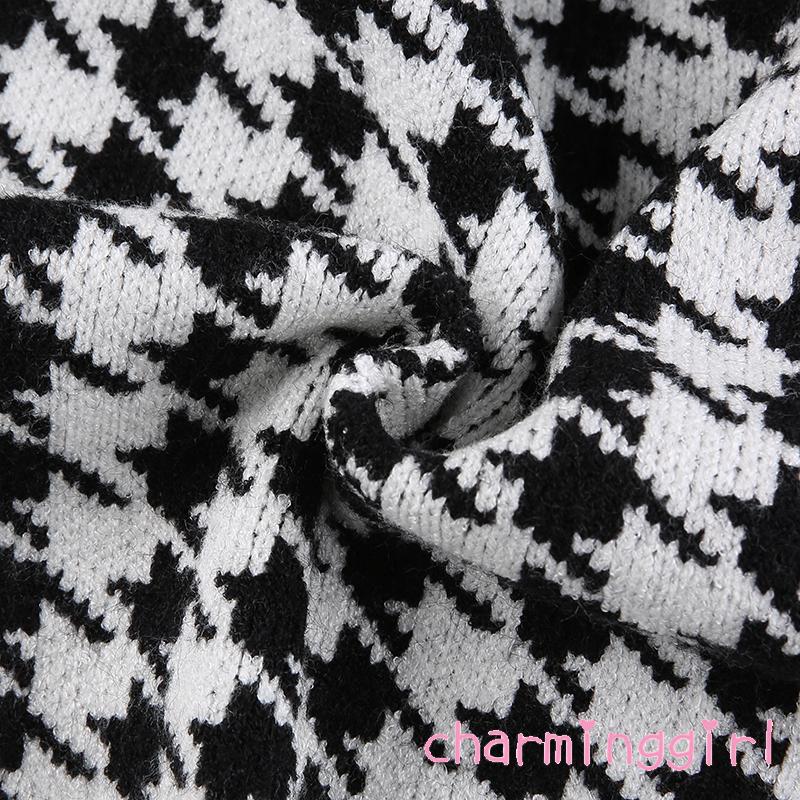 Áo Khoác Croptop Dệt Kim Tay Dài Cổ Chữ V In Họa Tiết Houndstooth Thời Trang Mùa Thu