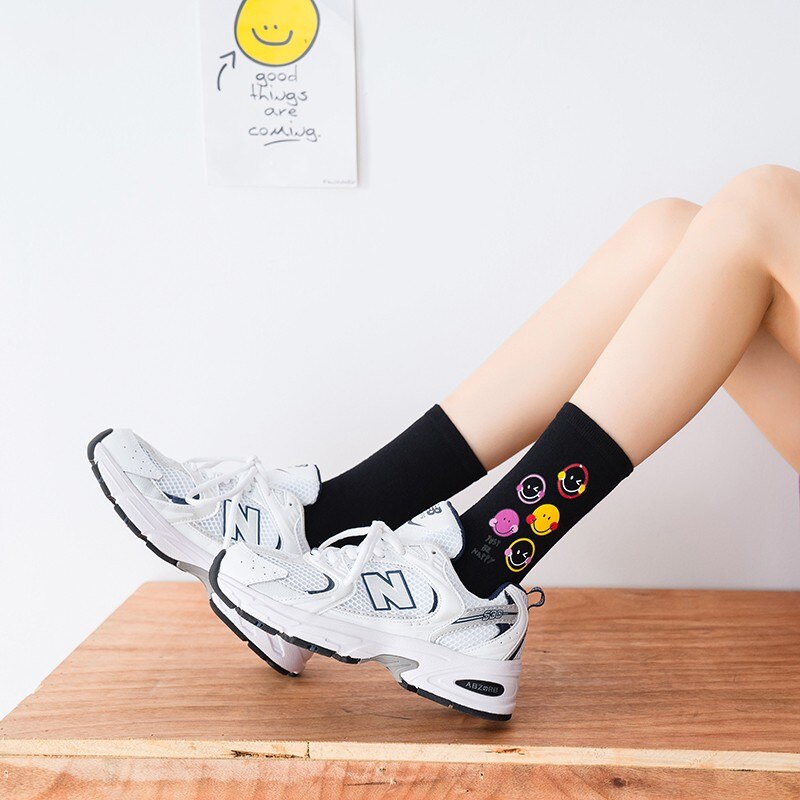 Funny Smile Hot Stamping Crew Socks Women Cute Face Expressions Candy Colors Girls Cotton Cozy Socks Female Hosiery
