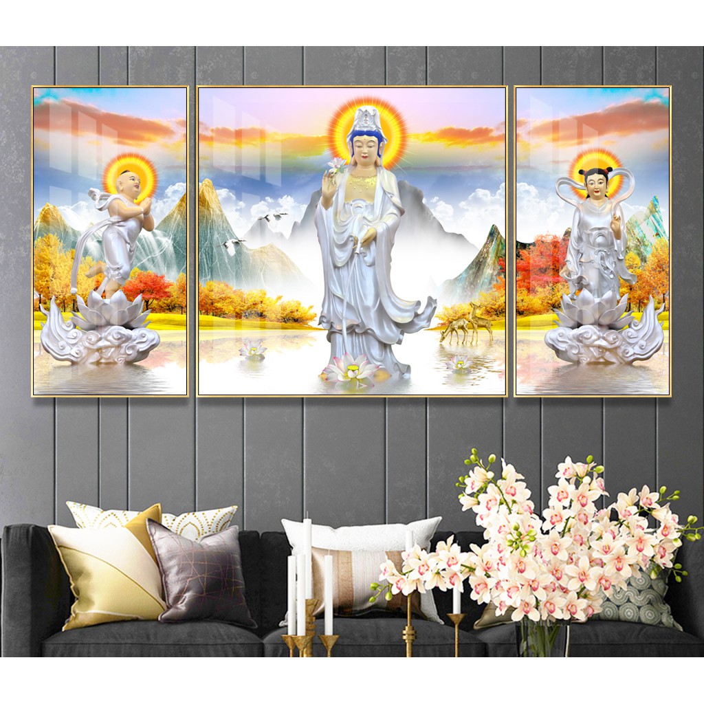 Bộ 3 tranh trag trí bàn thờ Phật Quan Thê Âm Bồ Tát chất liệu bóng kiếng hoặc vải canvas HD 160x80 cm 20-11-2020