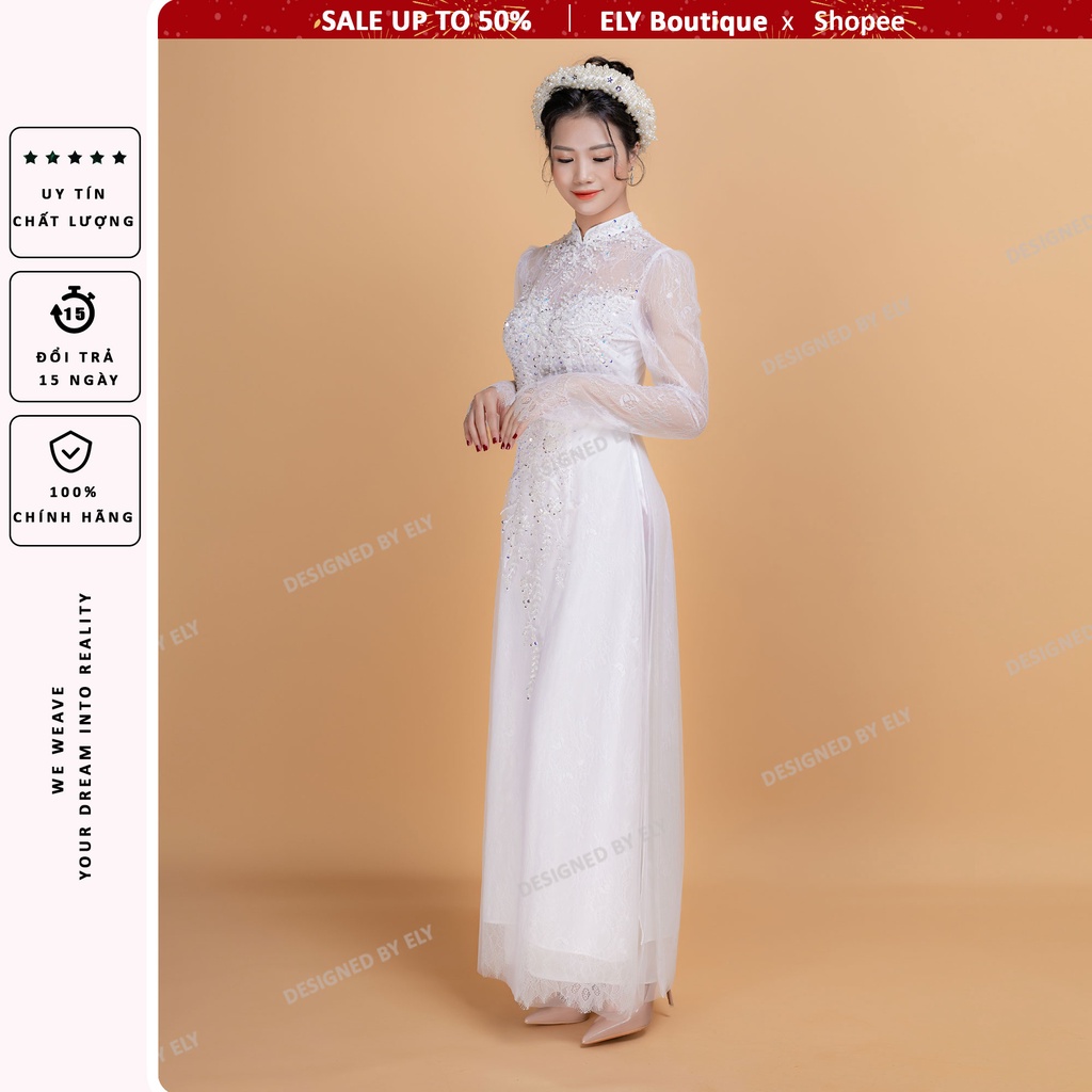 Áo dài cưới truyền thống ELY Boutique áo dài trắng đính kết pha lê 3 lớp 6 tà