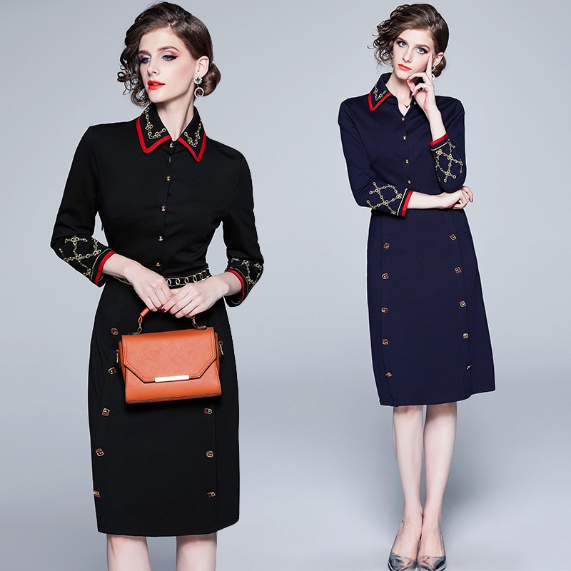 Đầm Midi Cài Nút Thêu Họa Tiết Phong Cách Vintage Chất Lượng Cao Cho Nữ