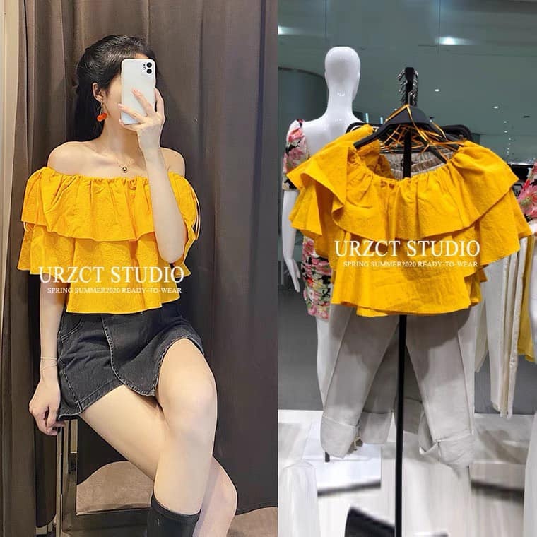 Áo nữ trễ vai  xếp tầng màu vàng chất đũi chất thô mềm bo chun