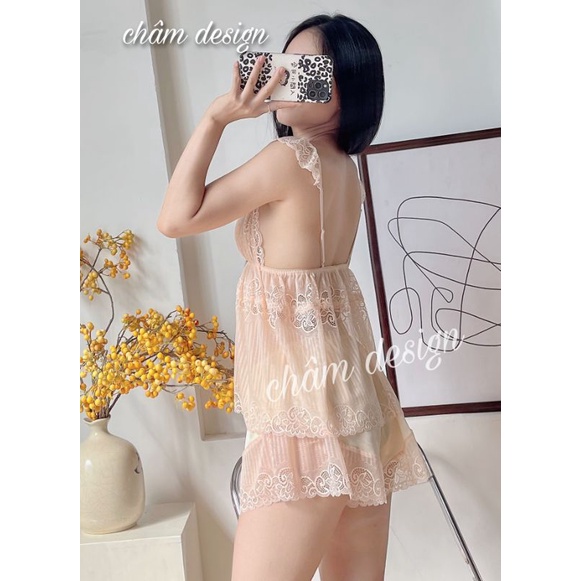 Bộ 2 dây áo ren tay ren màu be hồng hoạ tiết ren sang chảnh, quần là lụa satin pha ren mềm mịn .Hàng thiết kế độquyẻn