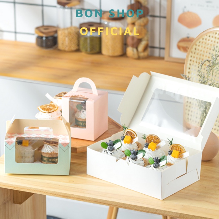 Set 5 Hộp giấy đựng bánh Cupcake màu Trắng kèm đế rời - Nhiều Size