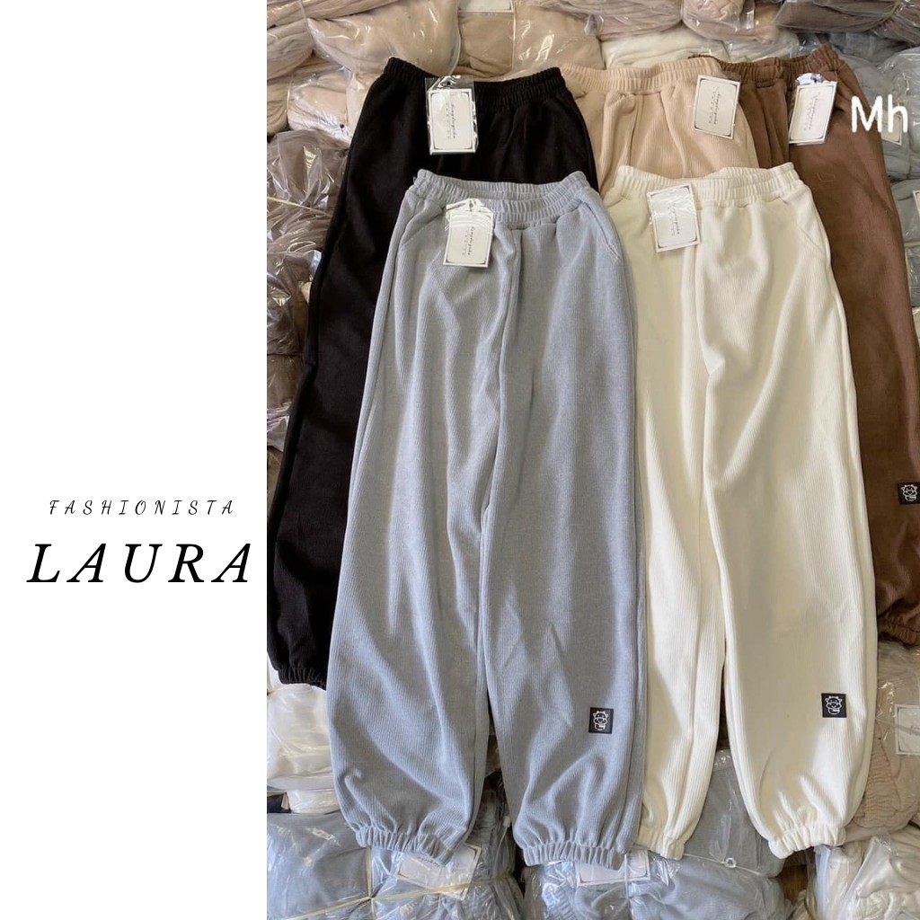 Quần jogger nữ ống rộng chất bo tăm dày dặn Laura Boutique - Quần nỉ bo ống 4 màu ĐEN I XÁM I TRẮNG I BE
