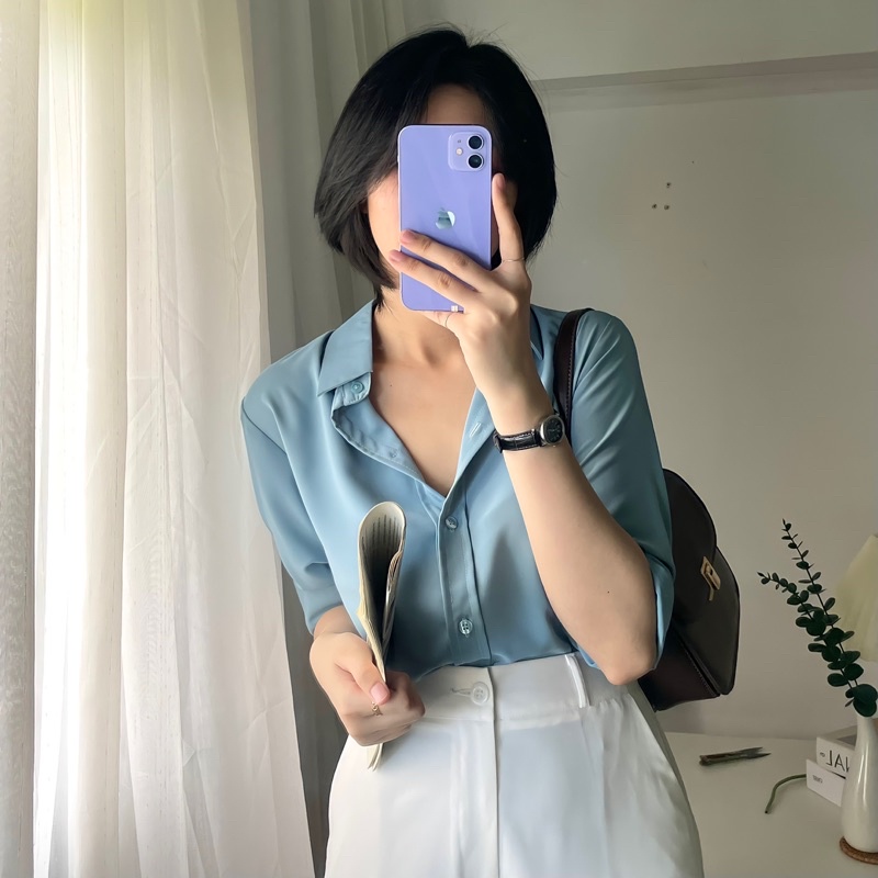 Áo sơ mi nữ màu xanh xi măng dài tay form rộng kiểu Hàn Quốc dáng suông chất thoáng mát không nhăn AAS454