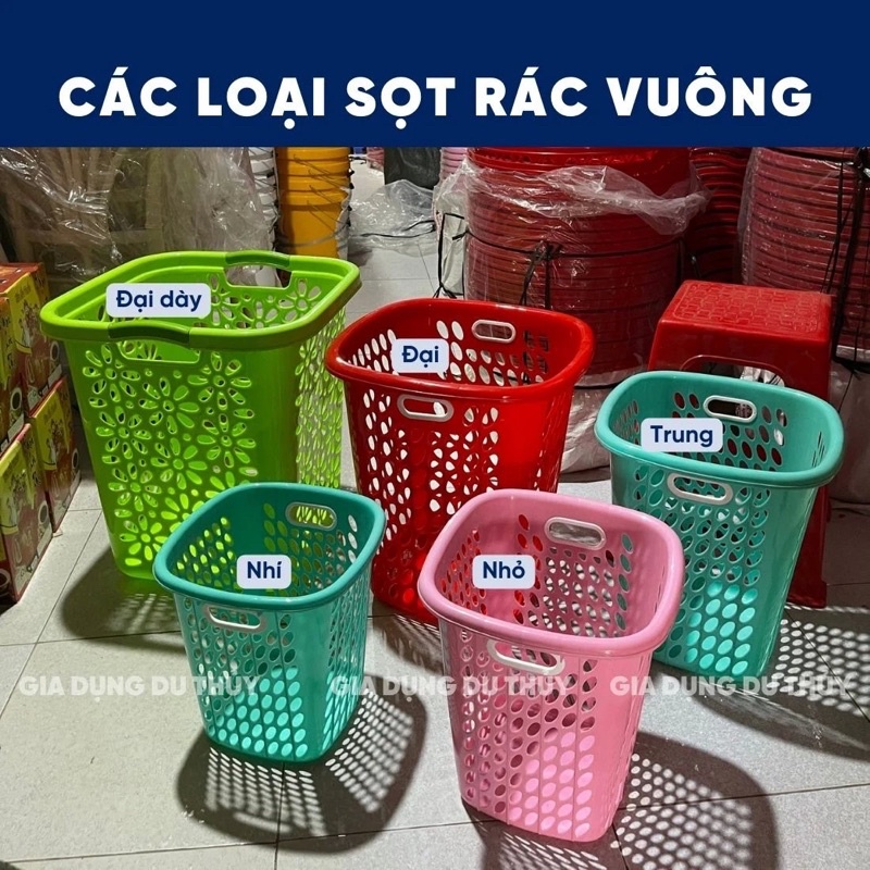 Sọt nhựa vuông đựng rác không nắp dùng đựng rác nhà bếp, rác quán ăn nhiều size màu xanh, đỏ, hồng của gia dụng Du Thủy