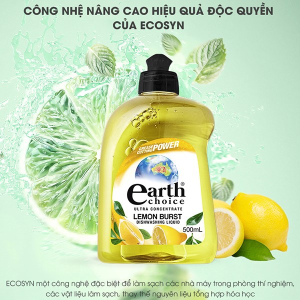 Nước rửa chén đậm đặc Earth Choice Úc gốc thực vật nhiều mùi 500ml, khử mùi tanh, an toàn da tay