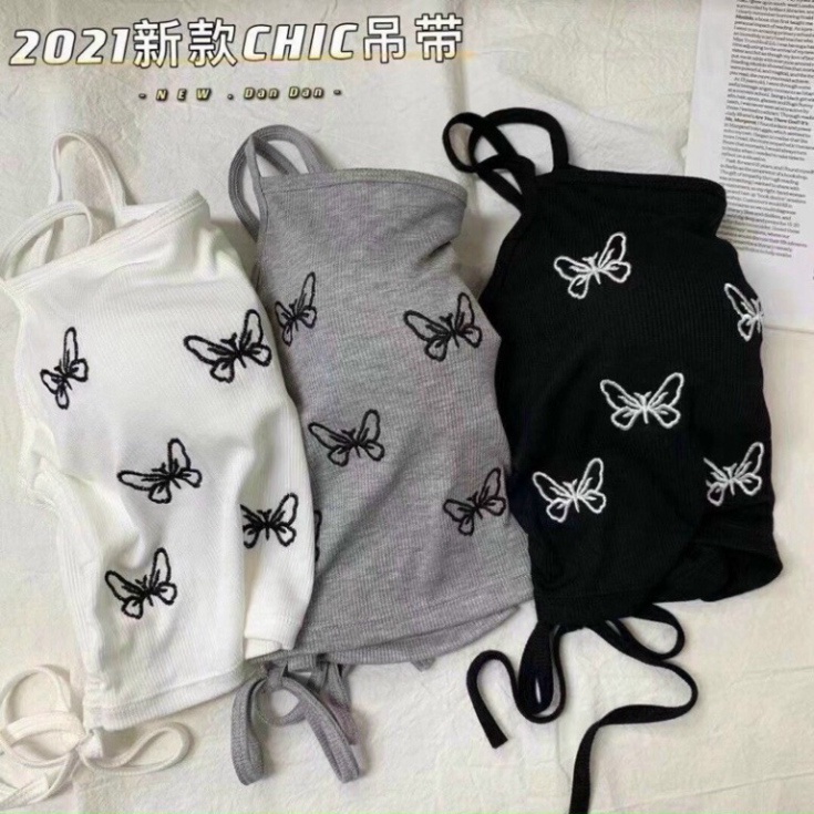 Áo bra 2 dây dáng croptop dây rút sườn hoạ tiết hình bướm có 3 màu đen, ghi, trắng nội y xanh chất đẹp