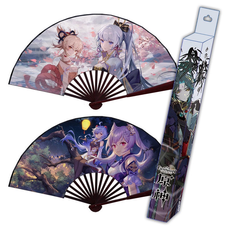 Genshin impact gấp quạt Kamizato Ayaka (Mặt dây chuyền + hộp) Zhongli Hutao Quạt 8 inch cosplay lụa XzKV