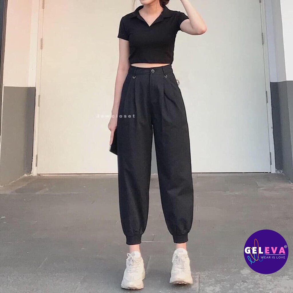 Áo croptop polo nữ vải cotton đẹp có cổ tay ngắn màu trắng đen ghi hồng, Ao crop top Geleva GE761 | BigBuy360 - bigbuy360.vn