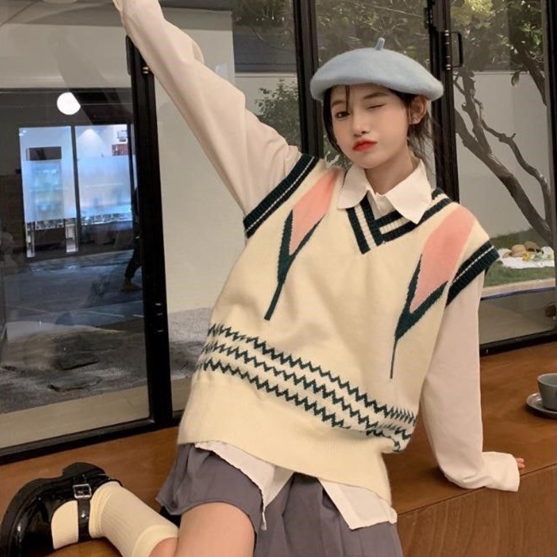 Áo len không tay cổ chữ V màu sắc tương phản phong cách Hàn Quốc