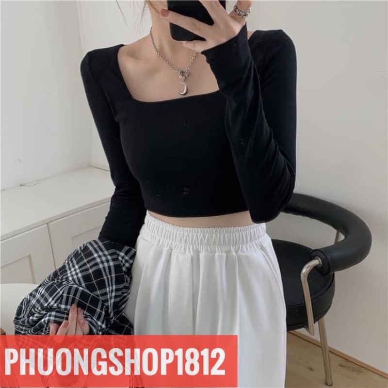 Áo croptop tay dài,cổ vuông vải borip ôm body Chất co dãn cực kì tốt_phuongshop1812  Cam kết như ảnh