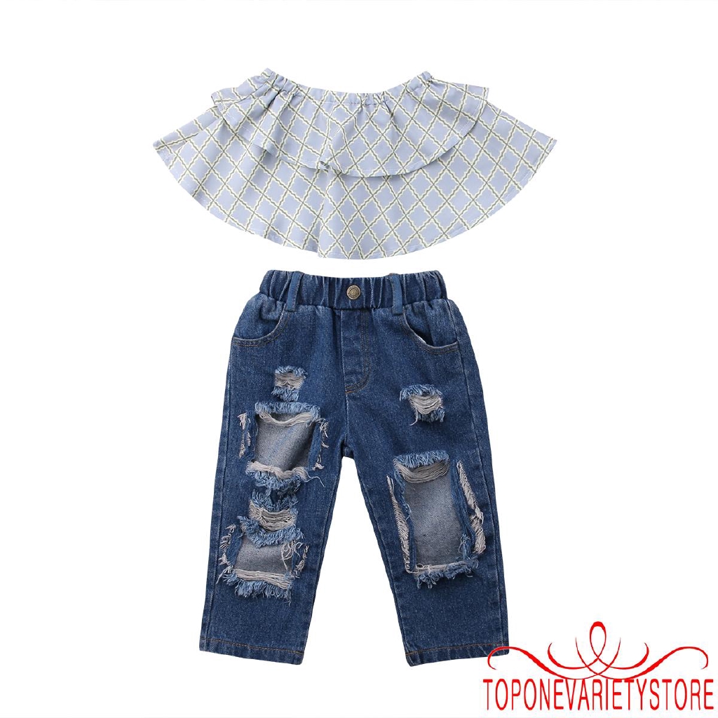 Set áo trễ vai + Quần jeans cho bé gái