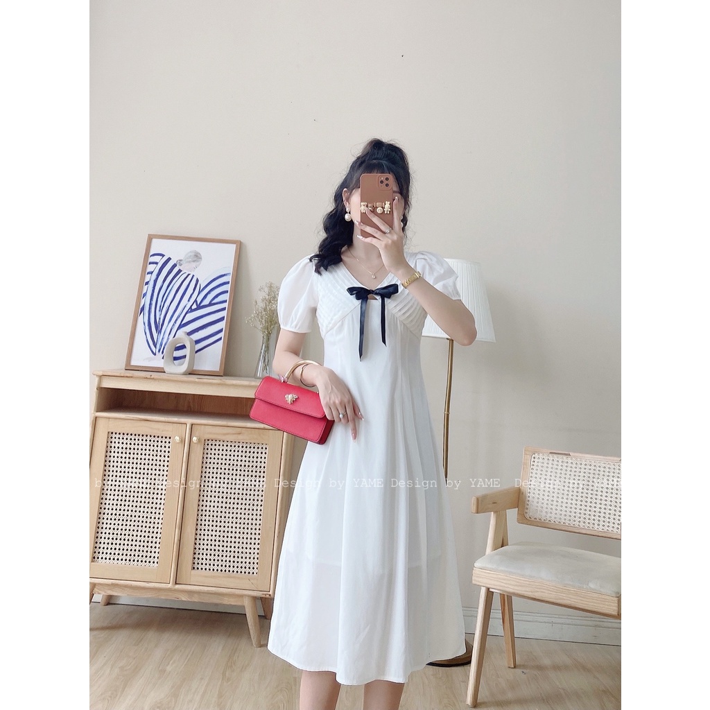 Váy trắng tiểu thư đi tiệc phối cổ nơ sang choảnh trắng li ngực đính nơ yv05 YAME