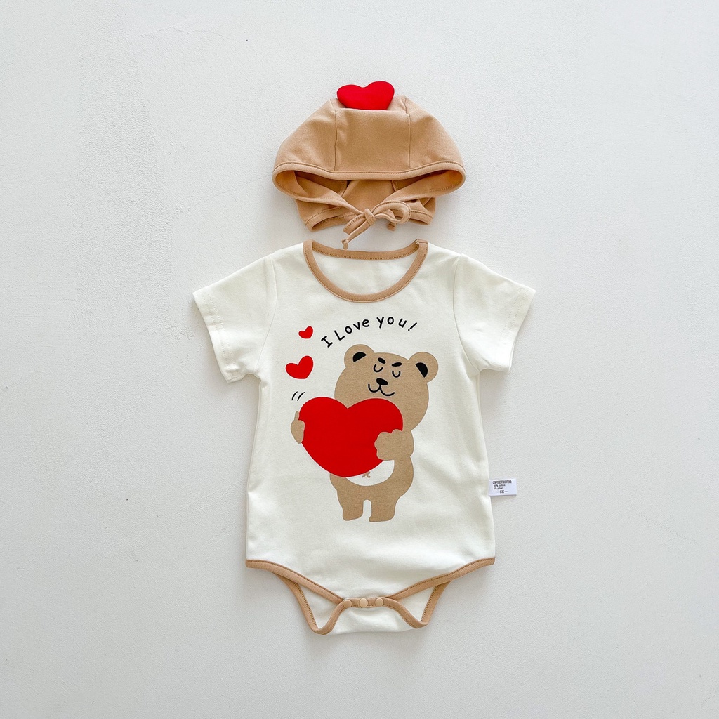 Bộ Áo Liền Quần Tay Ngắn In Hình Gấu + Mũ Dễ Thương Thời Trang Mùa Hè Cho Bé Sơ Sinh