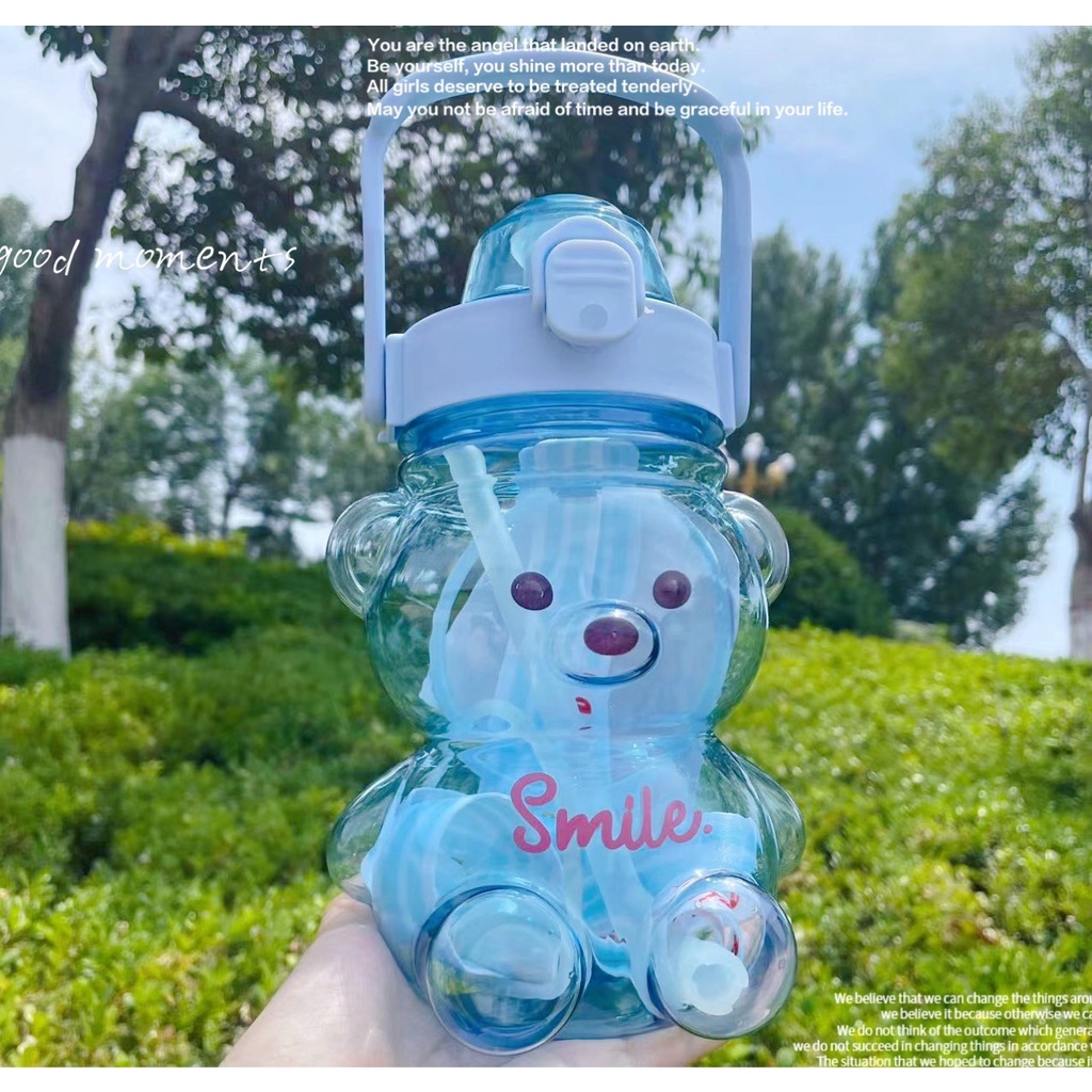 Bình nước cho bé hình gấu dung tích lớn có ống hút cực cute, Bình nước hình gấu cho bé mang đi học Bn24
