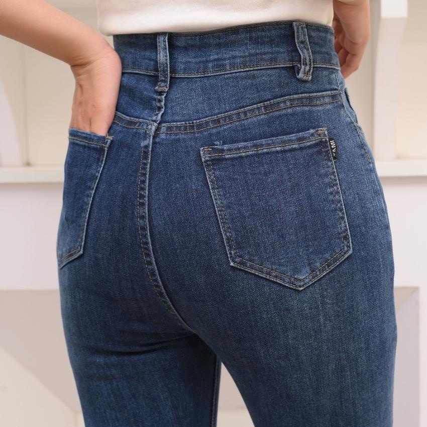 Quần Bò Nữ Cạp Cao Rubie Jeans Rách Gối Ống Bó Chất Đẹp Co Giãn Màu Xanh 45