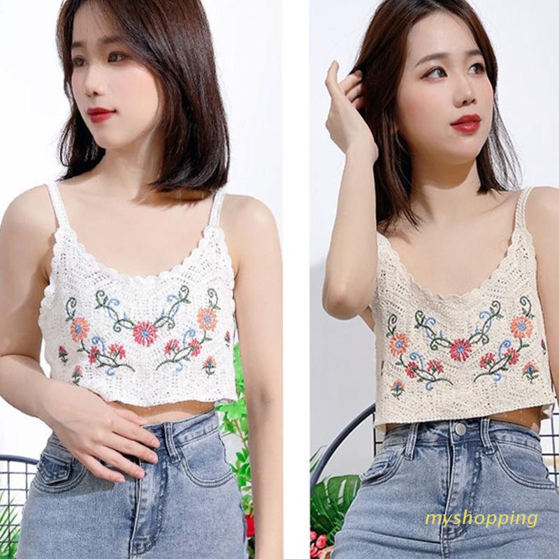 Áo Croptop Dệt Kim Không Tay Thêu Hoa Nhiều Màu Sắc Dành Cho Nữ