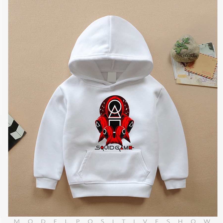 Áo squid game áo khoác hoodie trò chơi con mực màu trắng cực chất cho bé trai bé gái